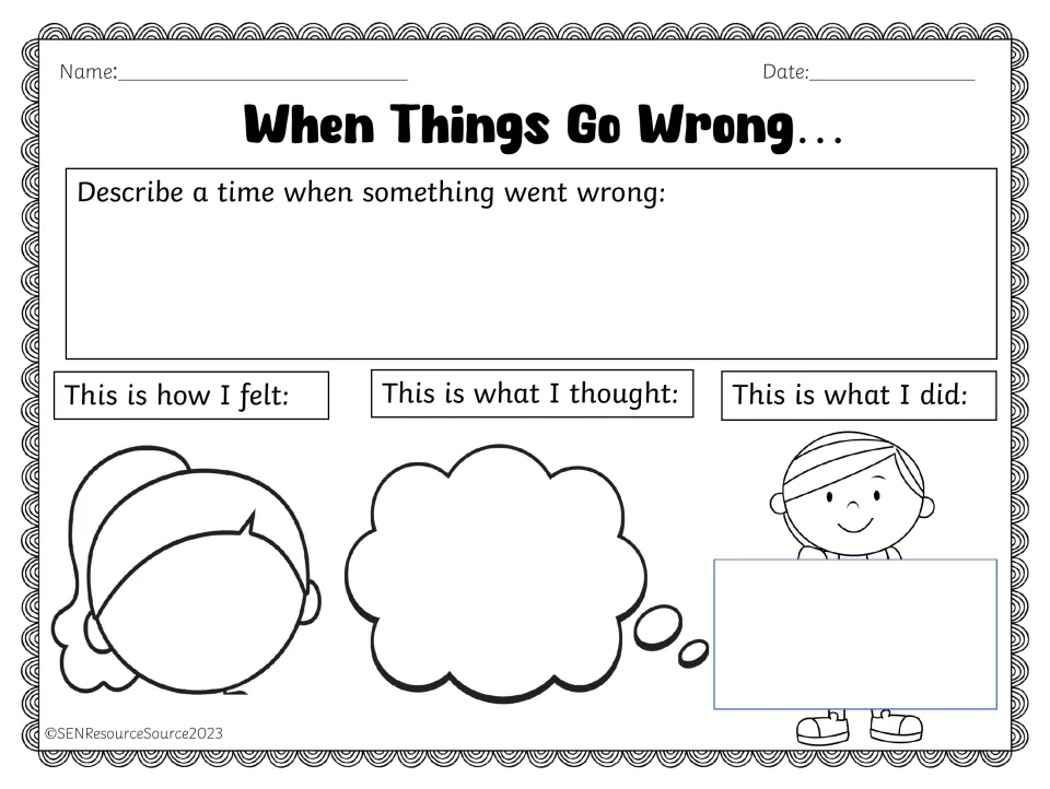 Reflecting on a time something went wrong: students describe it, draw how they felt, what they thought and what they did