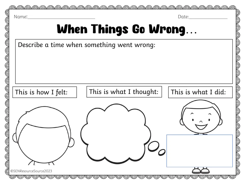 Feelings reflection with a boy figure: students write about a problem, then draw their feelings, thoughts and actions