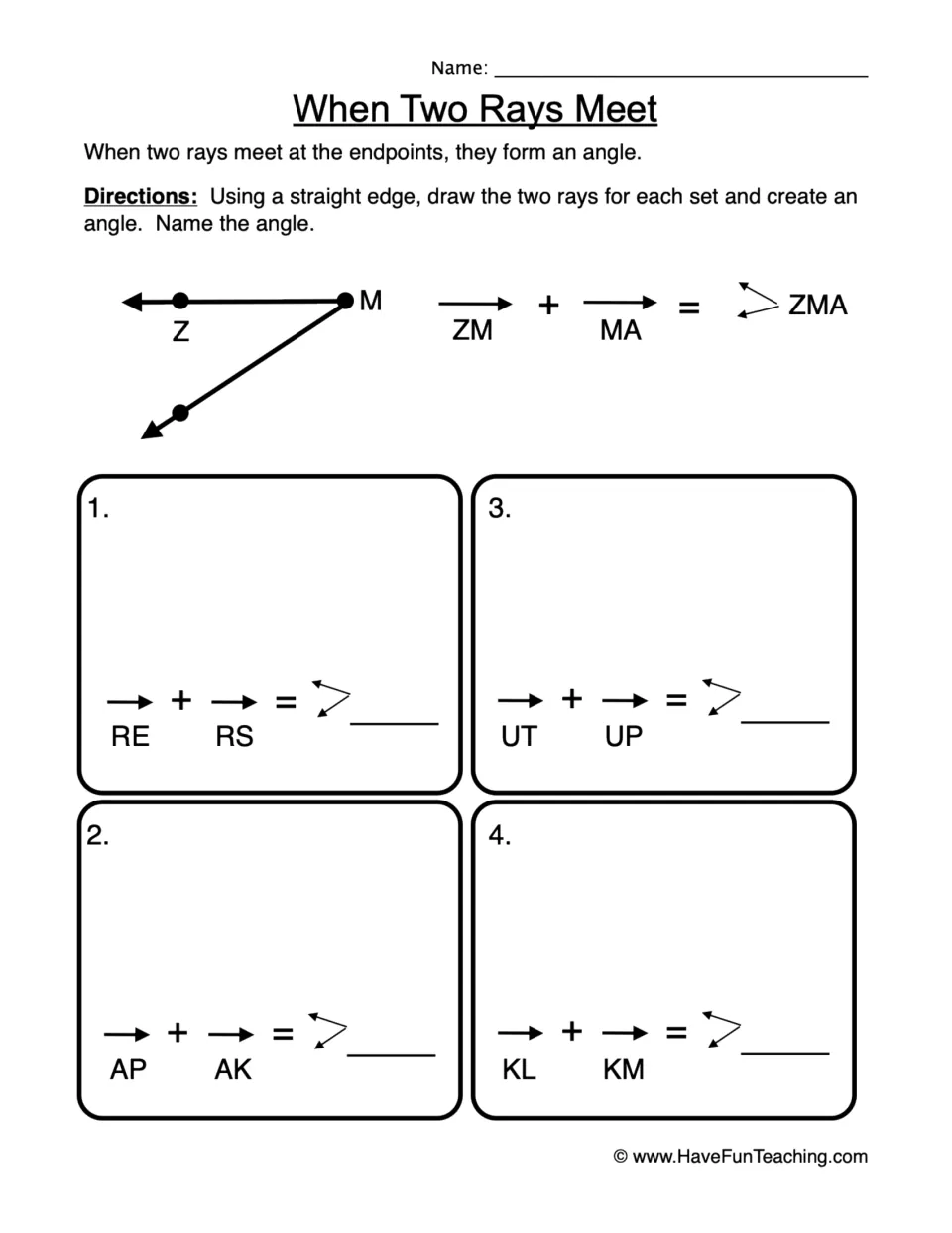 Angle drawing practice: draw and name angles from ray pairs RE/RS, AP/AK, UT/UP, and KL/KM, with an example.