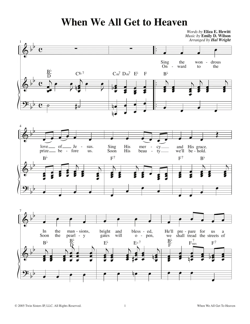 Opening score page: two verses beginning 'Sing the wondrous' and 'Onward to the' with piano accompaniment.