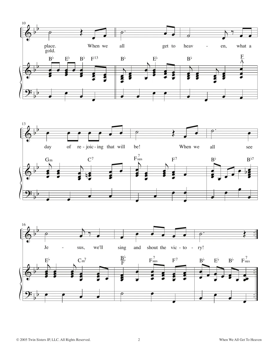 Second score page: chorus beginning 'When we all get to heaven' with vocal melody and piano accompaniment.