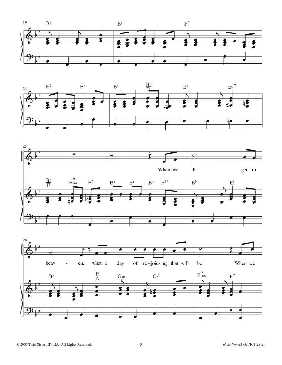 Third score page: piano interlude followed by the returning chorus, with vocal melody and chord symbols.