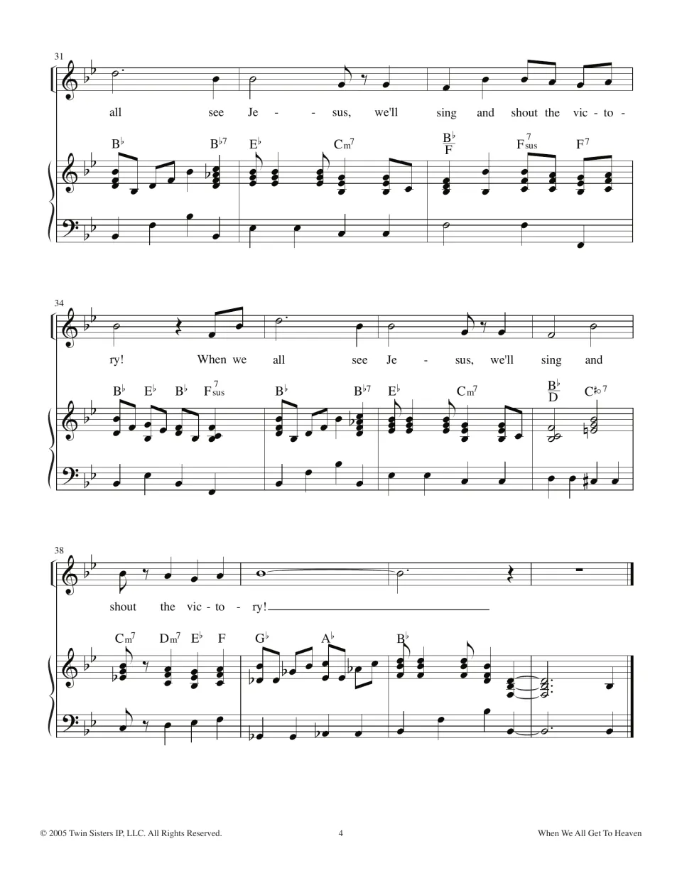 Final score page: closing chorus, repeated 'When we all see Jesus' phrase, and extended piano ending.