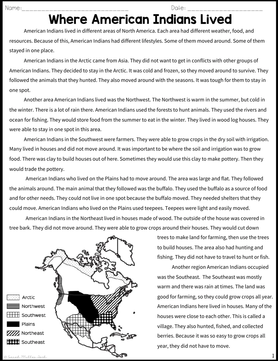 Reading passage on six American Indian regions, Arctic to Southeast, covering weather, food and shelter, with a region map