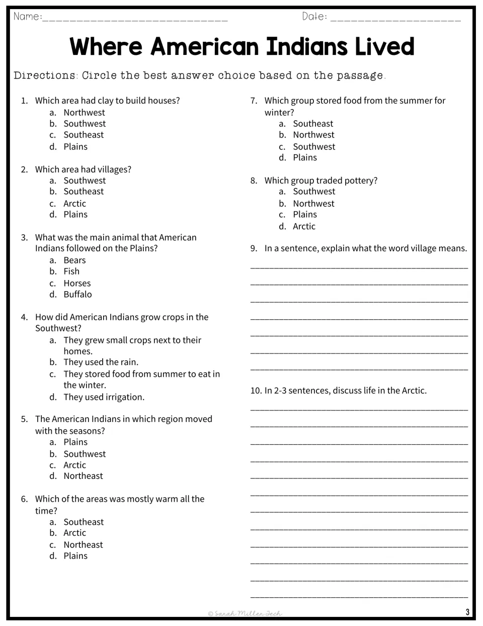 Comprehension questions on American Indian regions: 8 multiple-choice, a village definition and a short Arctic response