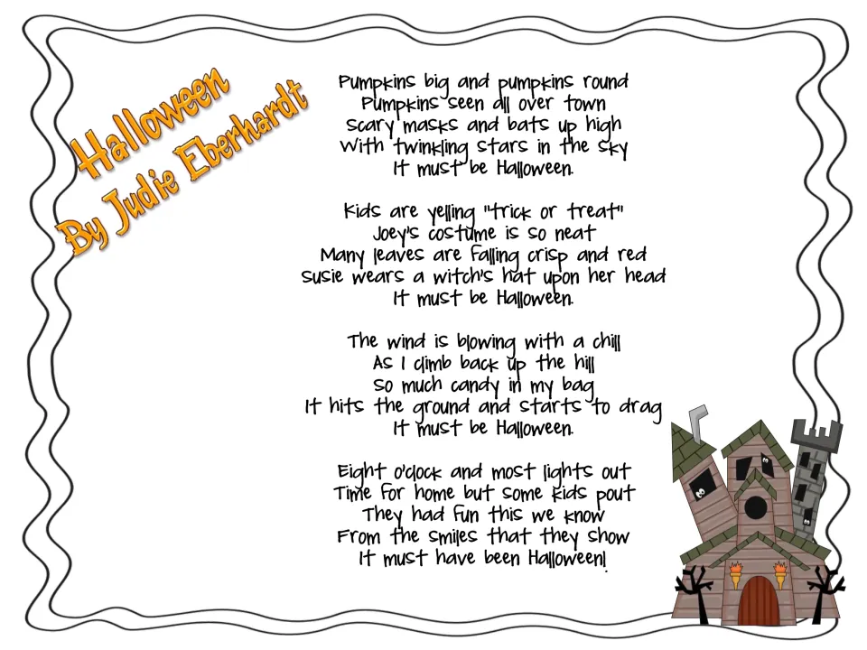 Reading selection: “Halloween” by Judie Eberhardt, a four-stanza poem about costumes, candy, and heading home.