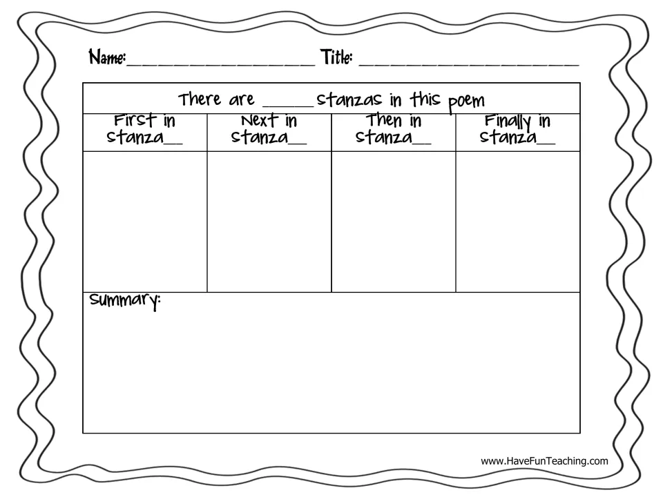 Poetry organizer asks for the stanza count, what happens first, next, then, and finally, and a summary.