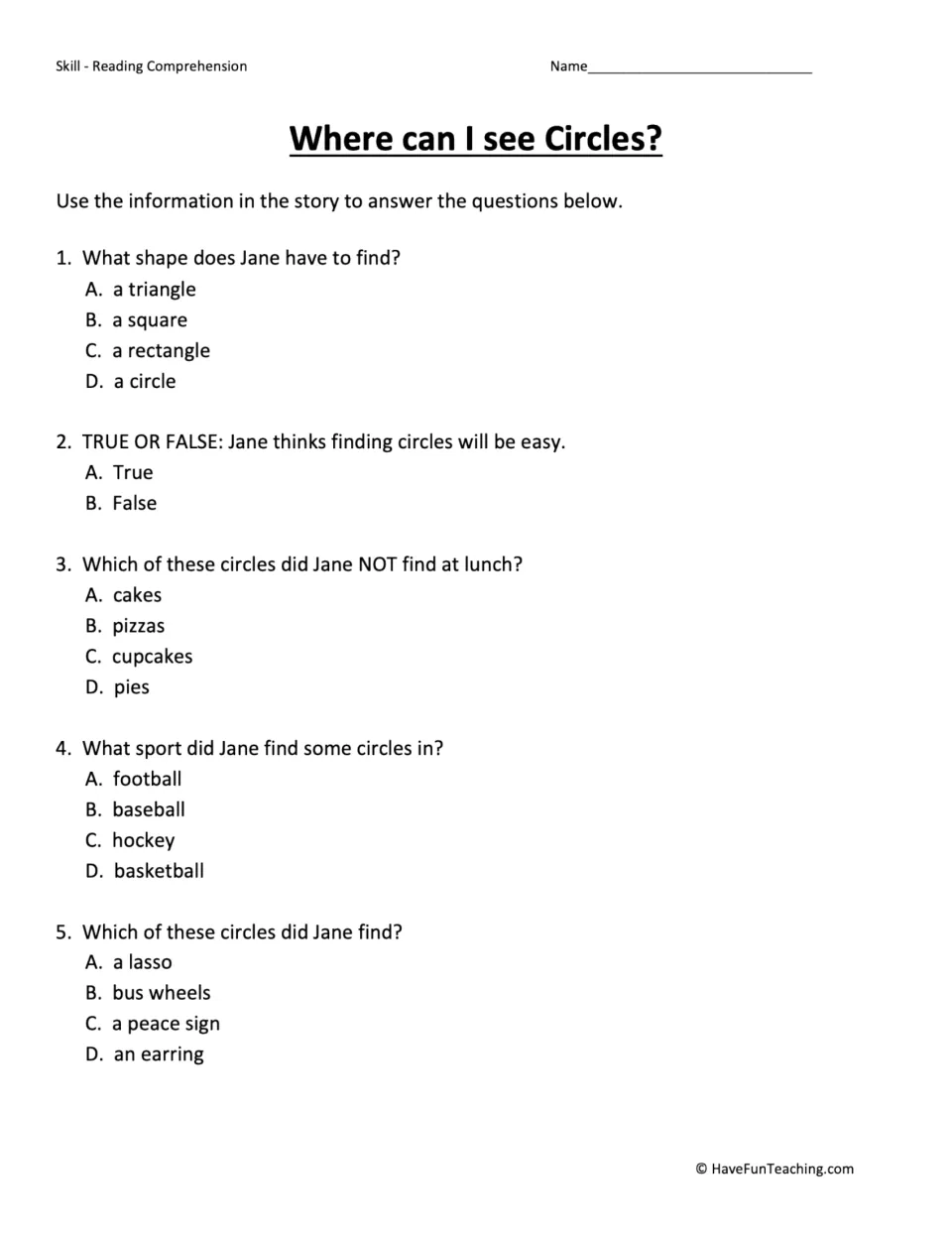 Five comprehension questions about Jane's circle hunt, including lunch foods, basketball, and bus wheels.