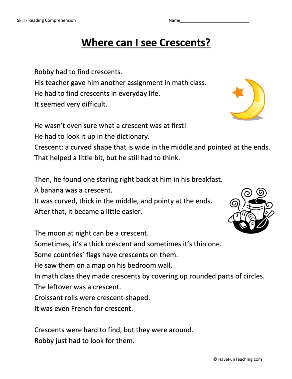 Reading passage about Robby finding crescent shapes in a banana, the moon, flags, circles, and croissant rolls.