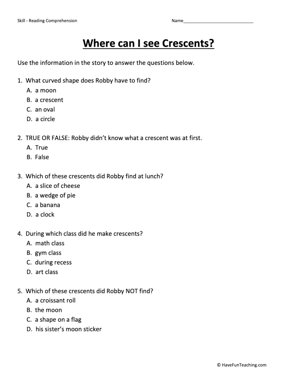 Five comprehension questions about Robby's search for crescents, including shape names and math class.