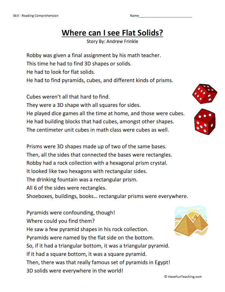 Where Can I See Flat Solids? Reading Comprehension Worksheet teaching resource preview