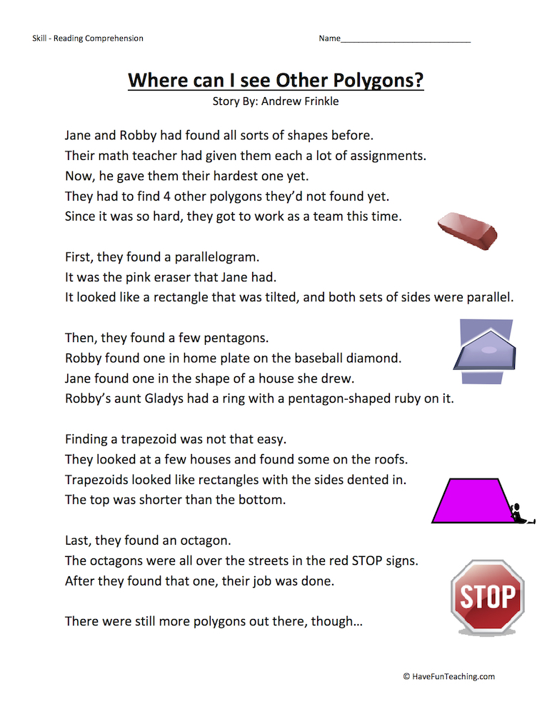 Where Can I See Other Polygons? Reading Comprehension Worksheet teaching resource preview