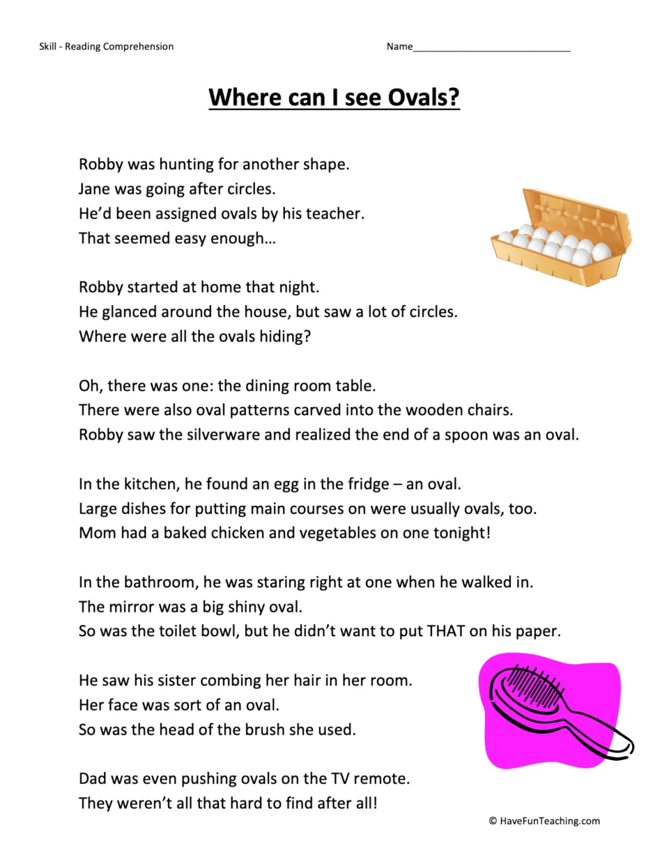Reading passage about Robby finding ovals at home, including a table, spoon, egg, mirror, and remote buttons.