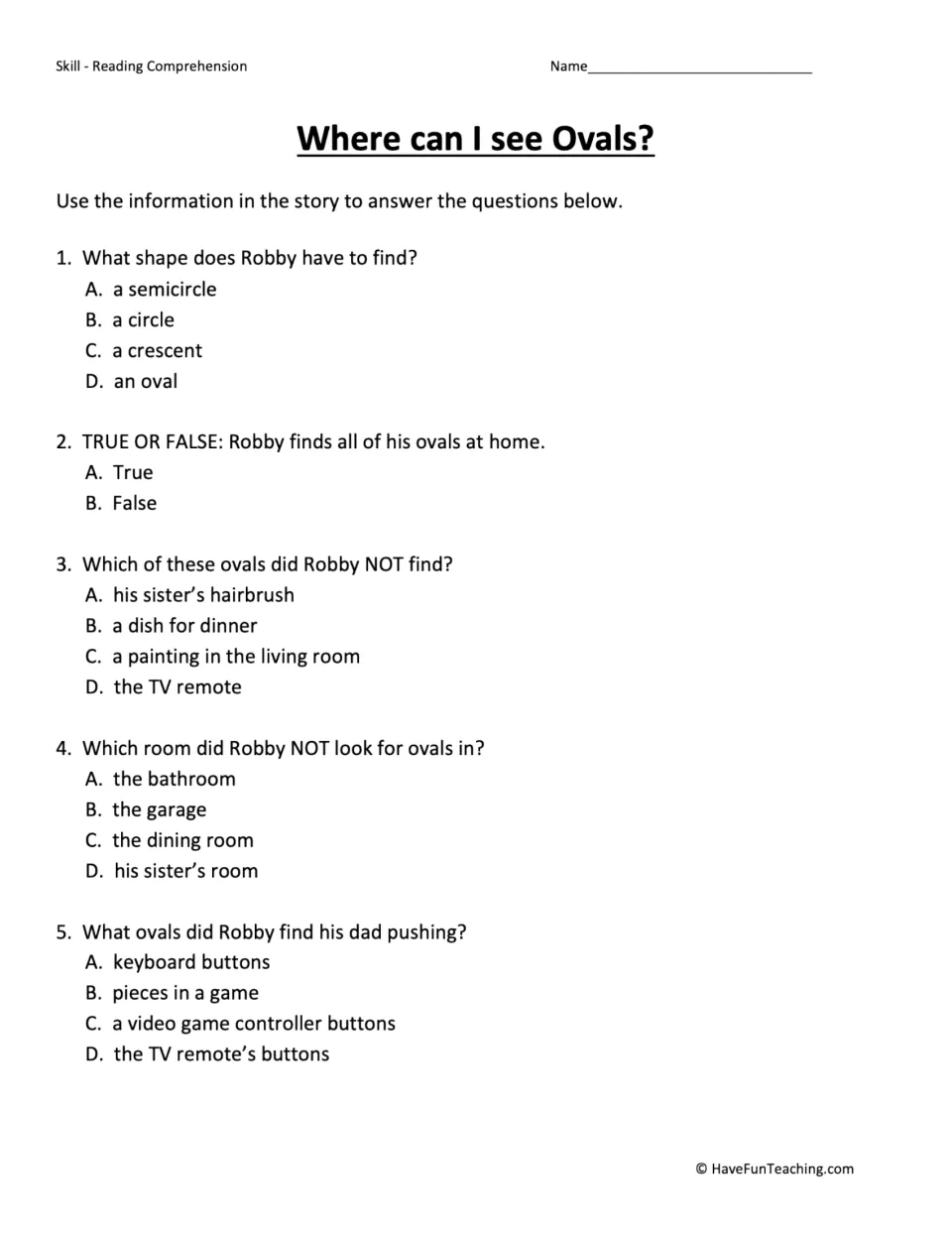 Five comprehension questions about Robby's oval hunt: his assigned shape, rooms, objects, and dad's buttons.