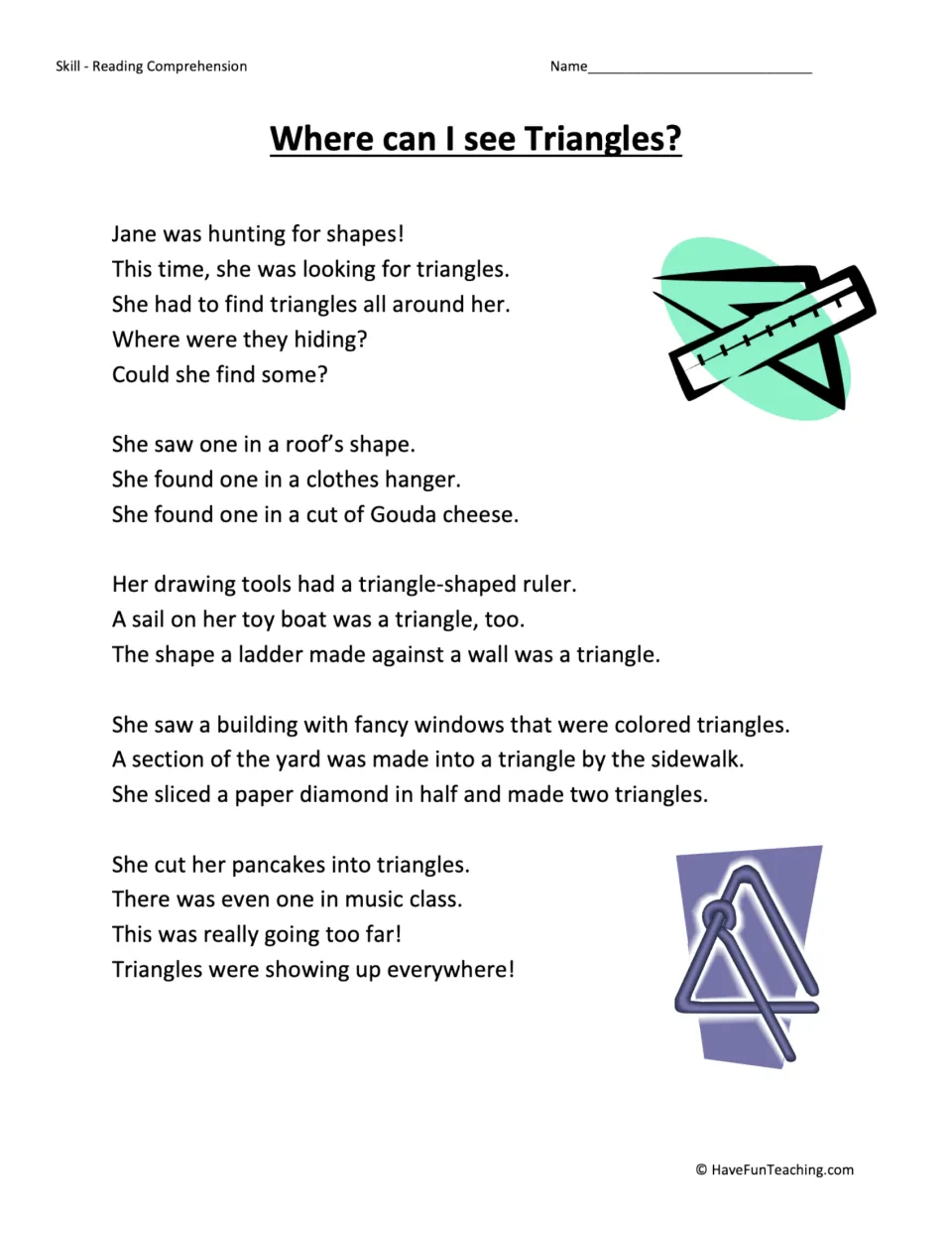 Reading passage about Jane finding triangles in a roof, a clothes hanger, cheese, and other everyday objects.