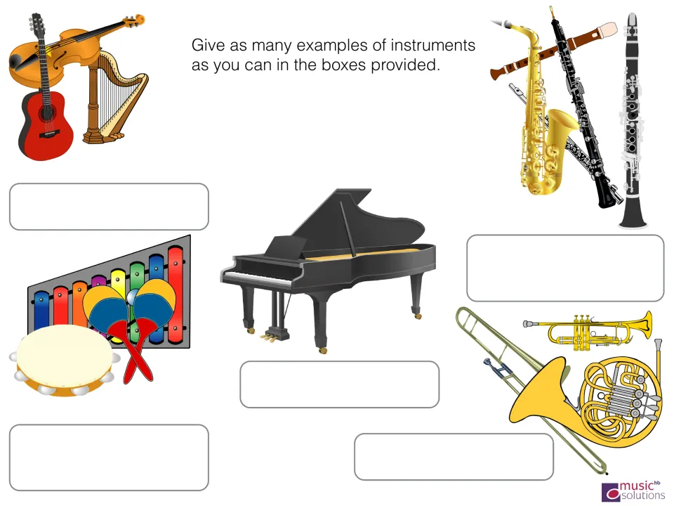 Instrument examples: students list as many instruments as they can for each pictured family and for the piano group