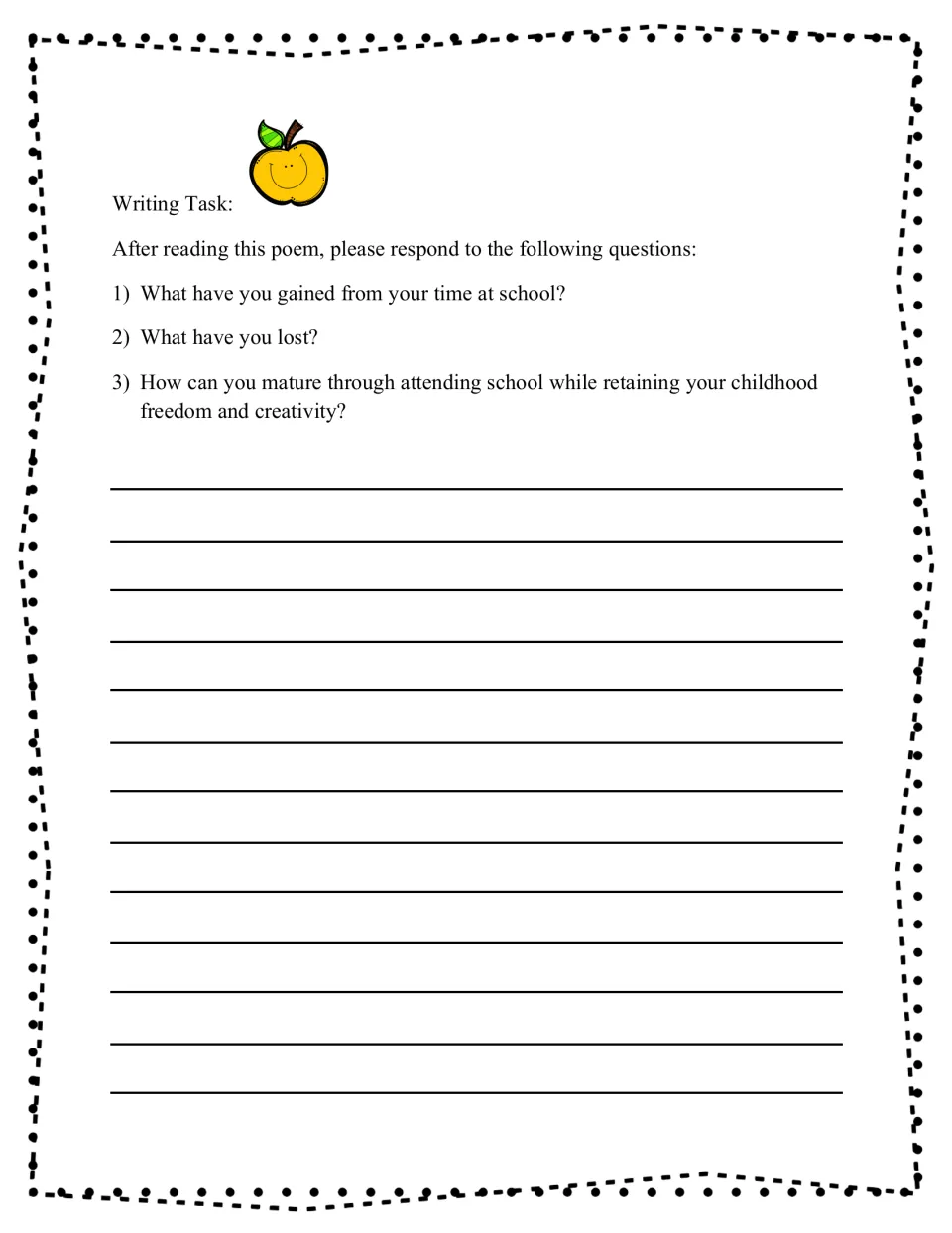 Writing task asks what students have gained and lost at school and how to mature while keeping creativity.
