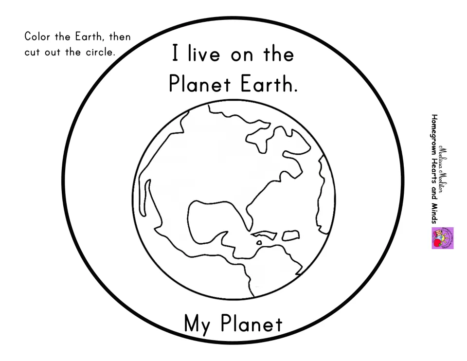 My Planet circle: students color a drawing of Earth under 'I live on the Planet Earth.' and cut it out as the base layer