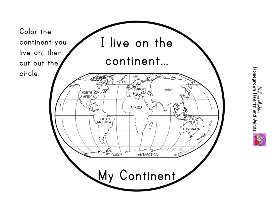 My Continent circle: students color their own continent on a labeled world map of all seven continents, then cut it out
