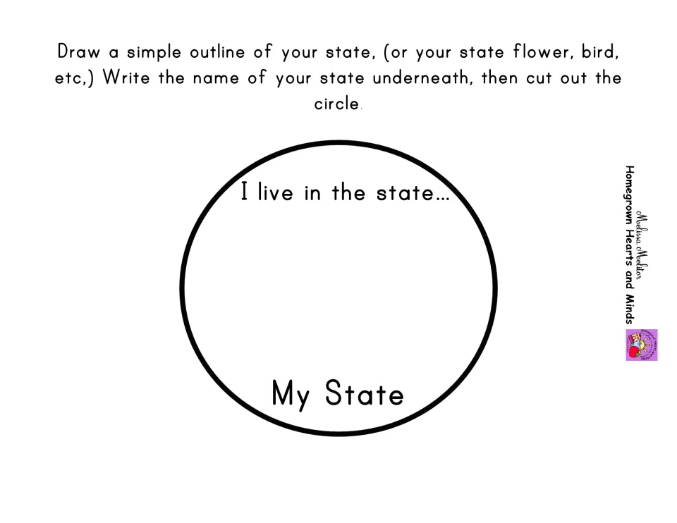 My State circle: students draw their state outline, flower or bird, write the state name and cut out the circle