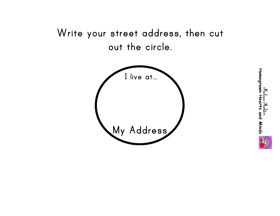 My Address circle: students write their street address after the prompt 'I live at…' and cut out the circle