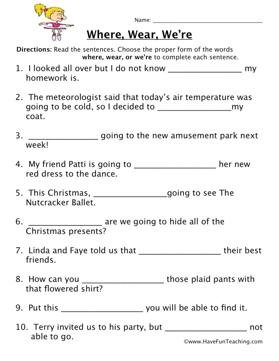 Homophone practice: 10 sentences to complete with where, wear, or we're, about homework, clothing, and plans