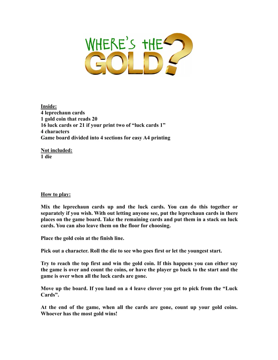 Game setup and rules: contents list of leprechaun cards, luck cards, gold coin and board, plus how-to-play steps