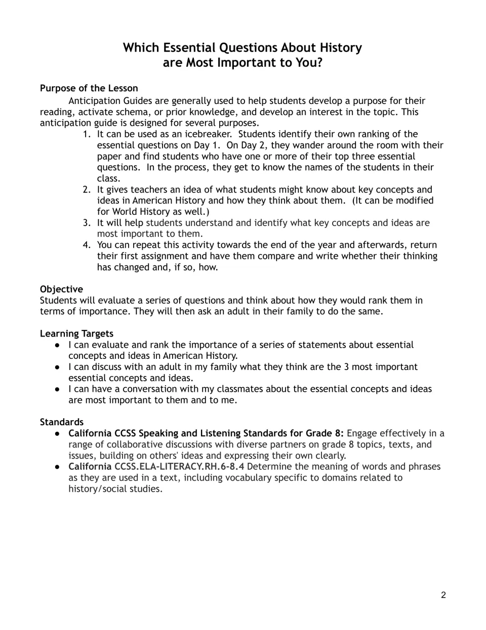 Lesson overview for an essential-questions anticipation guide: purpose, objective, learning targets and standards listed