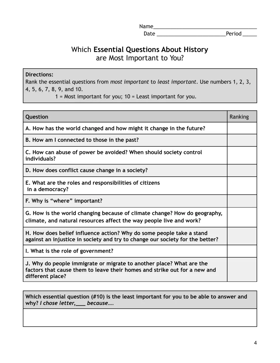 Ranking essential history questions: students number questions A to J from 1 most to 10 least important and justify #10