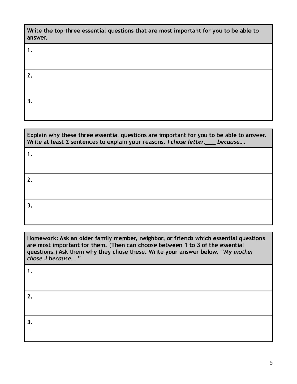 Reflection and homework: students write their top three questions with reasons, then record an adult family member's picks