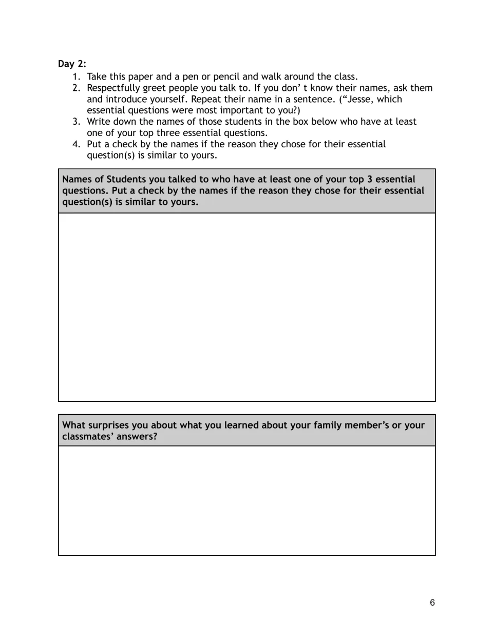 Day 2 mingle: students greet classmates, list names of those sharing a top-three question, check similar reasons and reflect