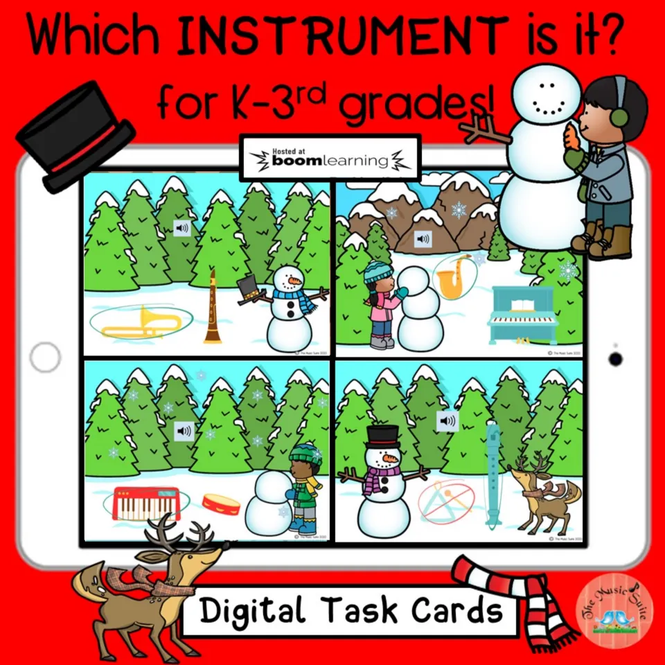 Cover of Which Instrument Is It? Boom Cards for K–3rd grades, showing sample instrument identification cards