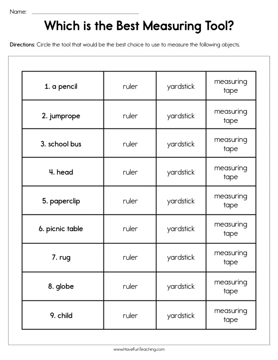 Measuring tool practice: choose a ruler, yardstick, or measuring tape for a pencil, jump rope, and seven more.