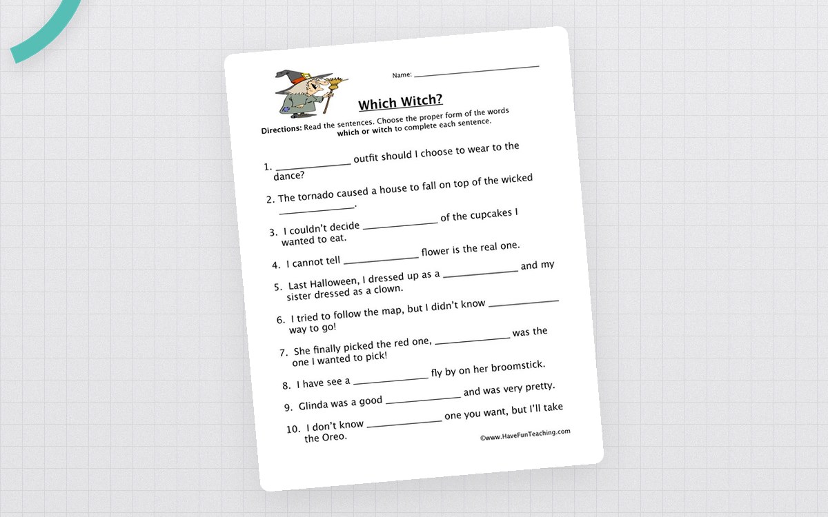 Which or Witch worksheet with ten fill-in-the-blank sentences and witch graphic.