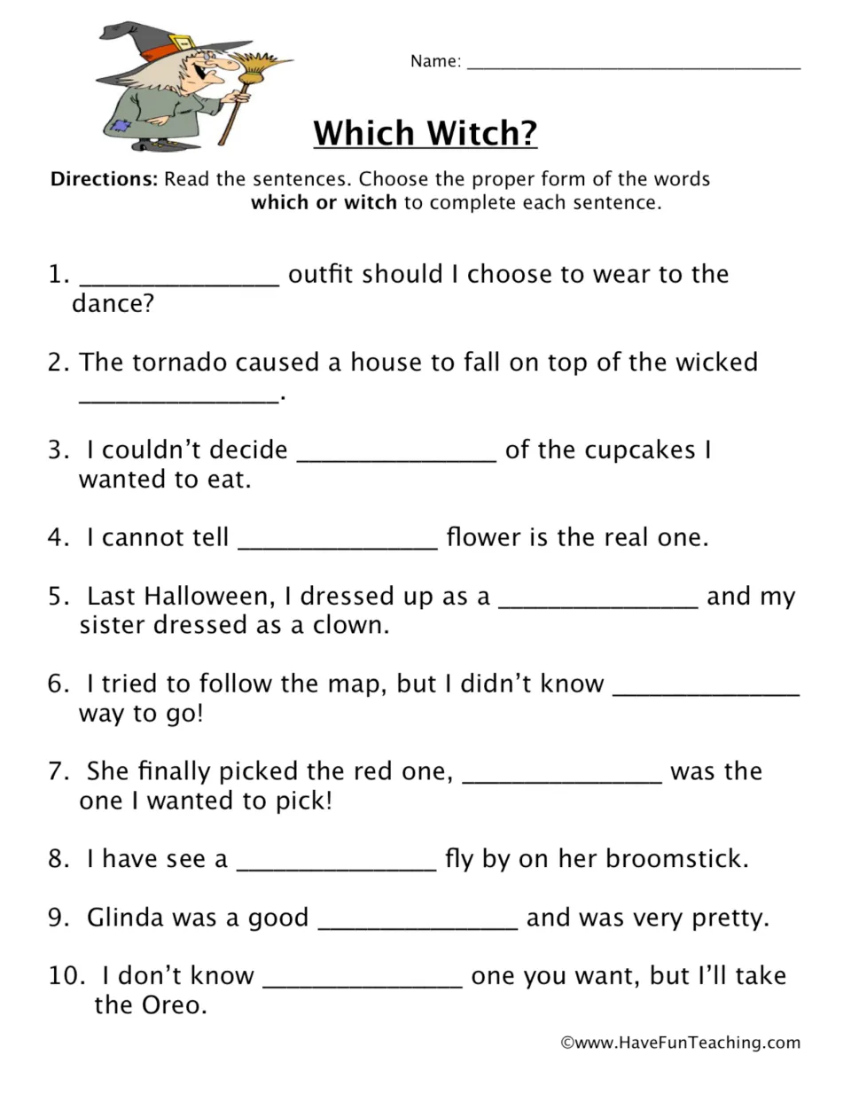 Which or witch homophones: students read 10 sentences and write the correct word in each blank to complete it