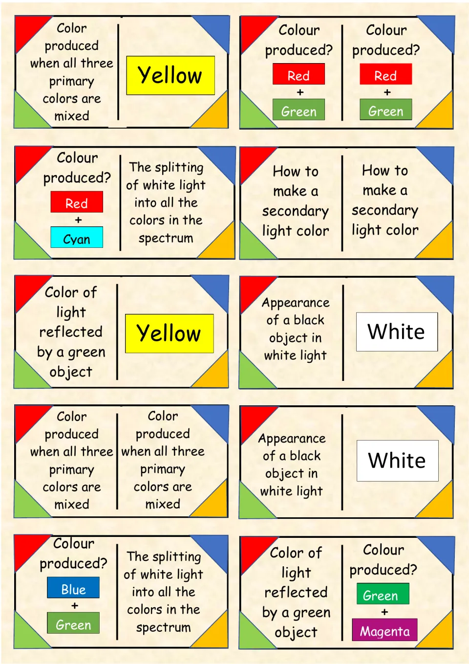 Light dominoes 1–10: mixing primary colors, red plus green, dispersion, and objects in white light