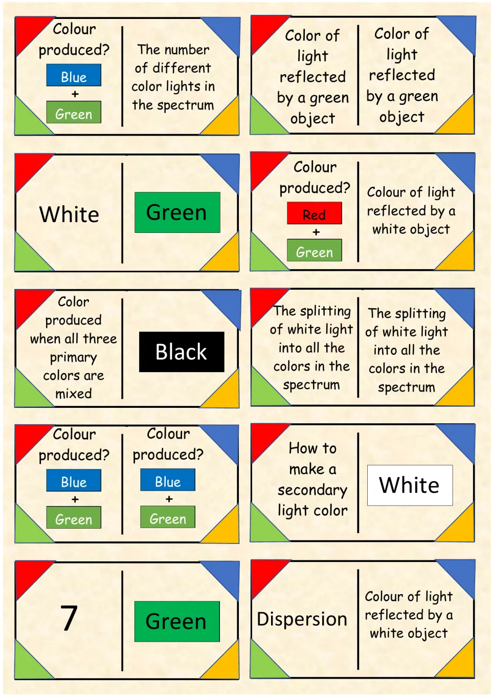 Light dominoes 11–20: blue plus green, spectrum color count, dispersion, and white object reflection