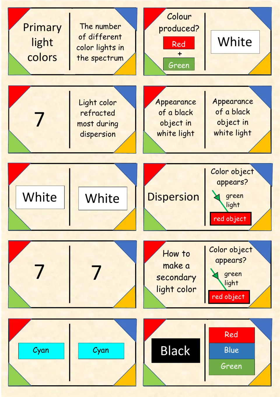 Light dominoes 21–30: primary light colors, greatest refraction, cyan, and a red object under green light