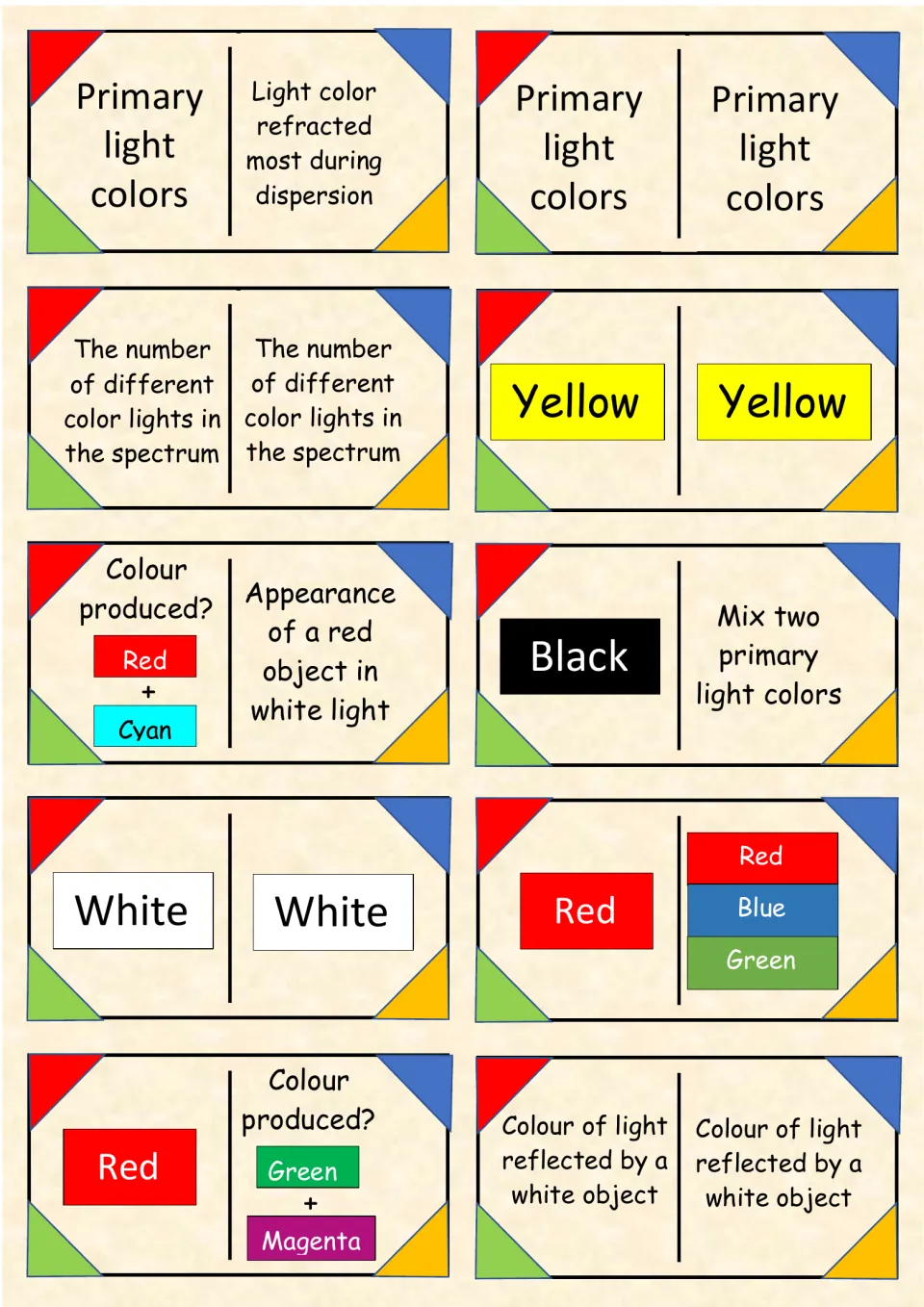 Light dominoes 31–40: primary colors, spectrum color count, red plus cyan, and mixing two primary lights