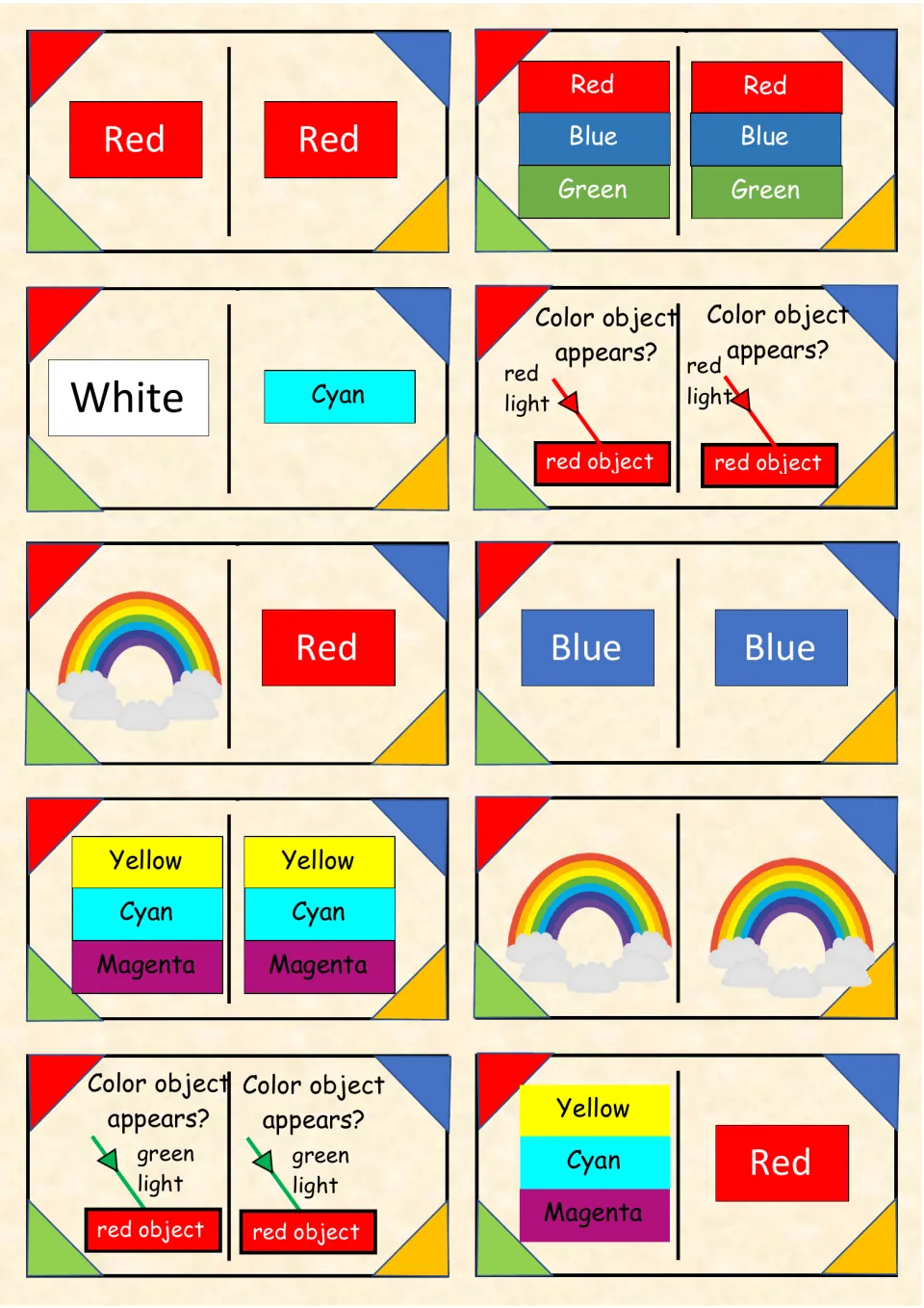 Light dominoes 61–70: rainbow pictures, primary and secondary color sets, and red objects under colored light