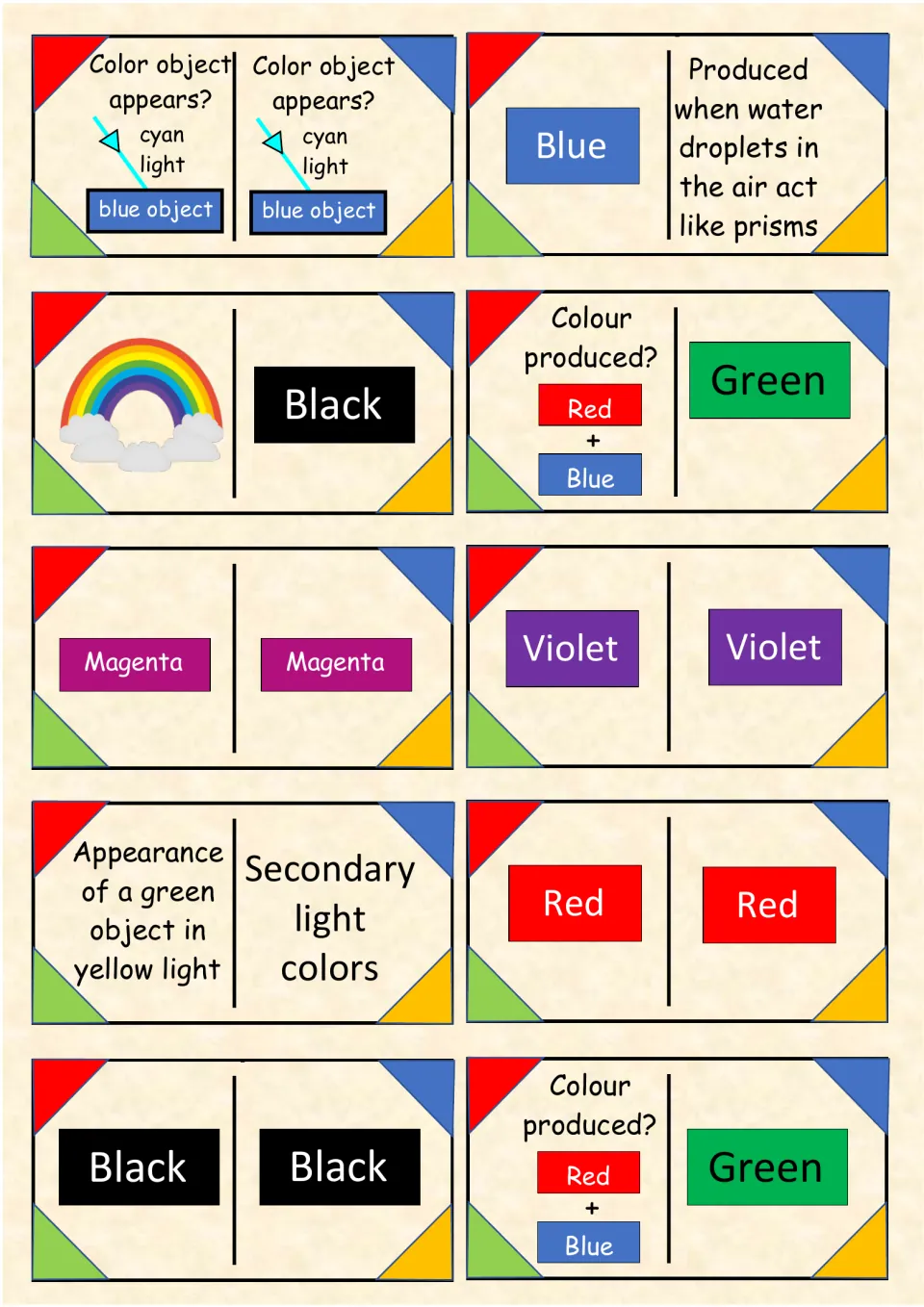 Light dominoes 71–80: blue objects under cyan light, red plus blue, rainbows, and green objects in yellow light