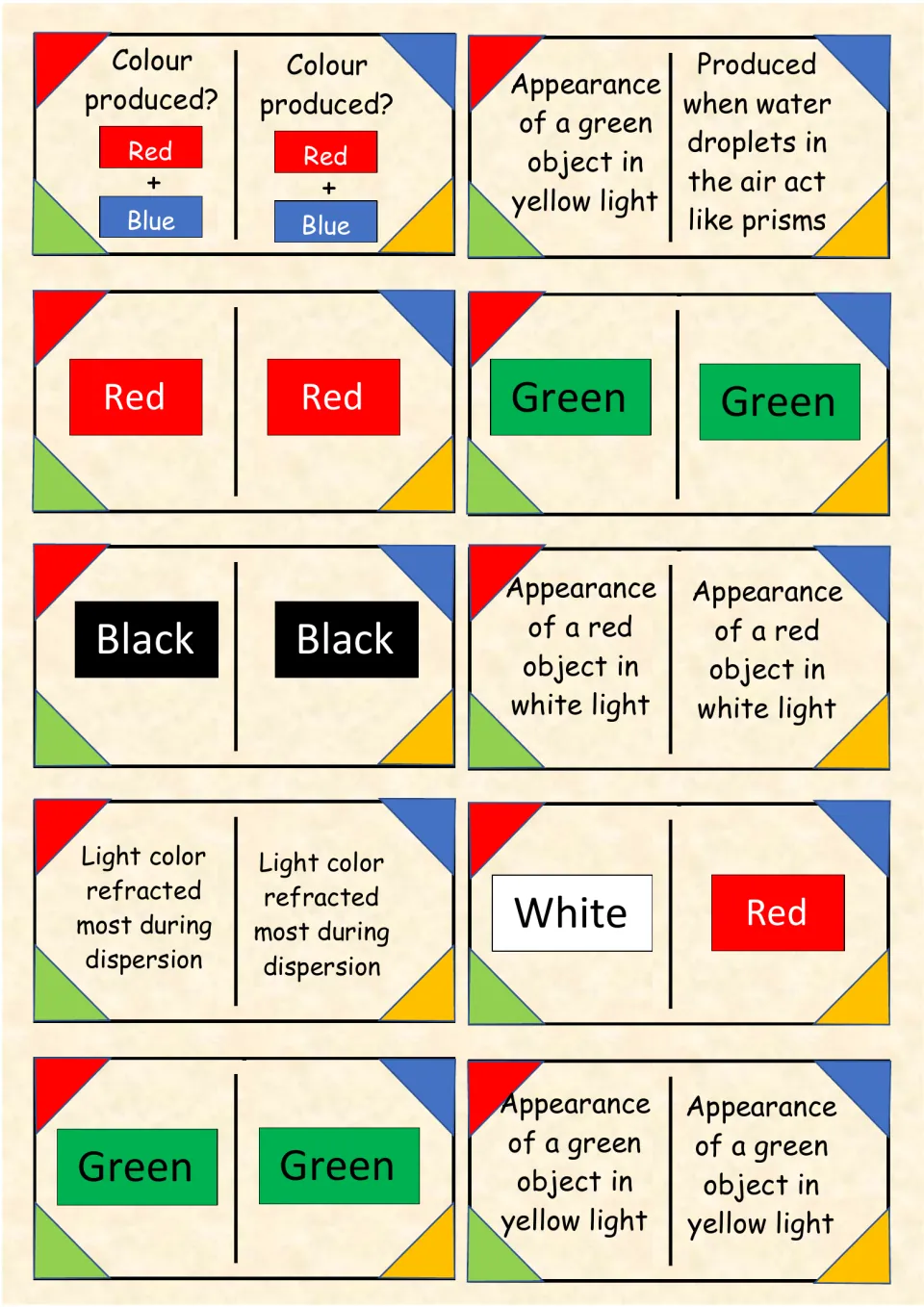 Light dominoes 81–90: red plus blue, greatest refraction, red objects in white light, and water droplets