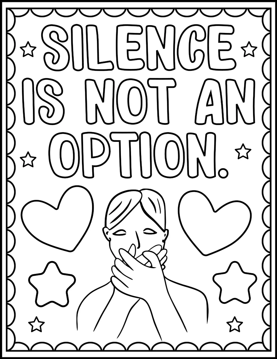White Ribbon Day coloring page reading 'Silence is not an option,' with a person whose mouth is covered