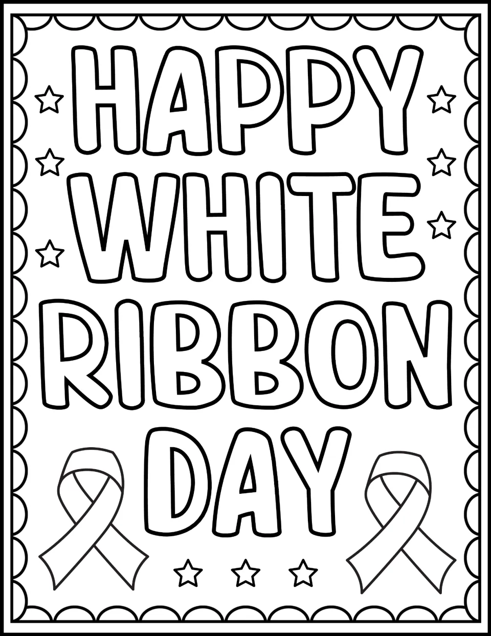 White Ribbon Day coloring page featuring the greeting 'Happy White Ribbon Day' and two awareness ribbons