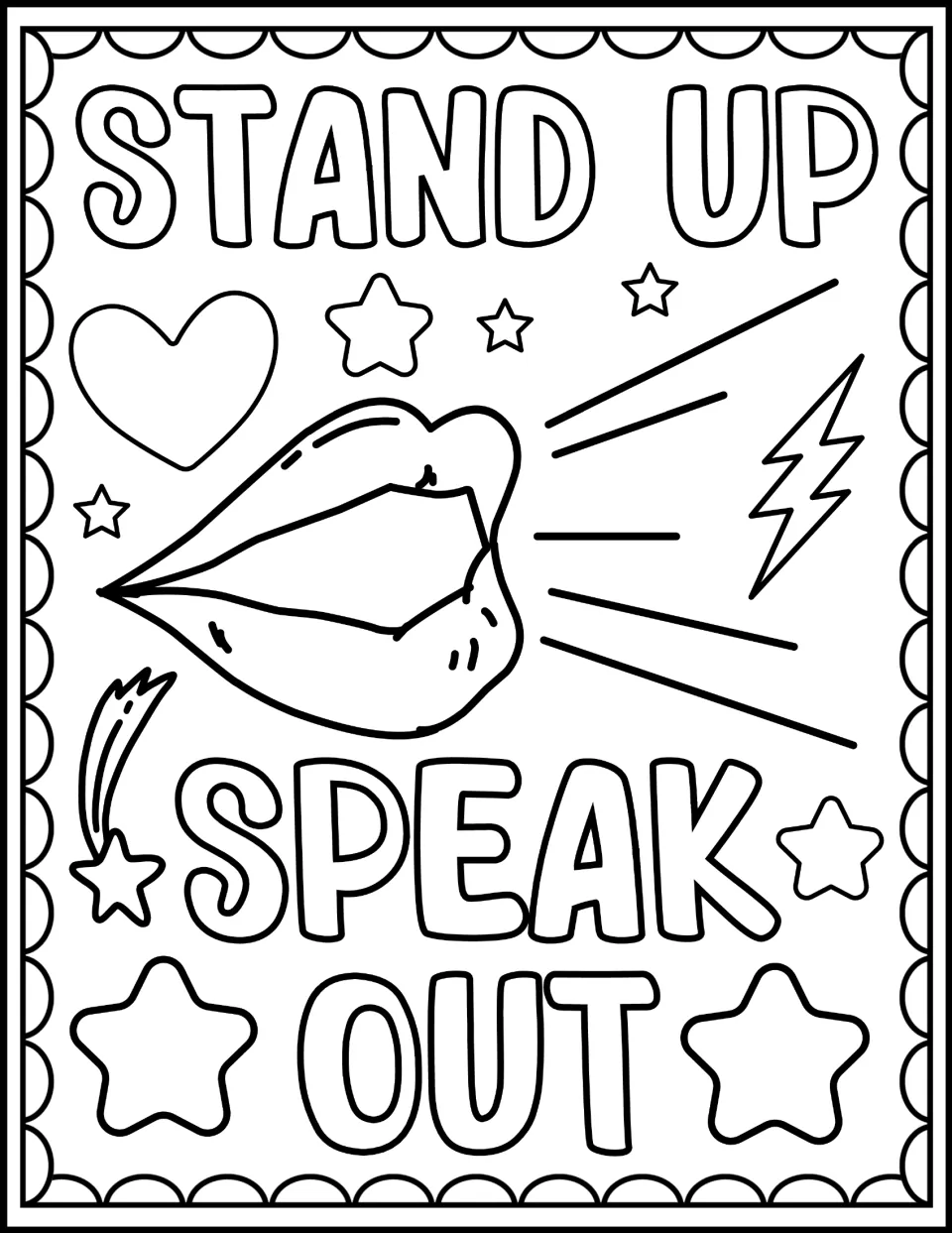 White Ribbon Day coloring page reading 'Stand up speak out,' with an open mouth illustrating speaking