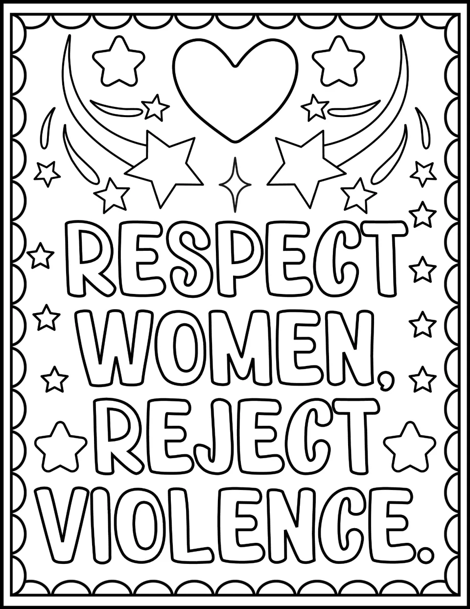 White Ribbon Day coloring page featuring the message 'Respect women, reject violence' in outlined letters