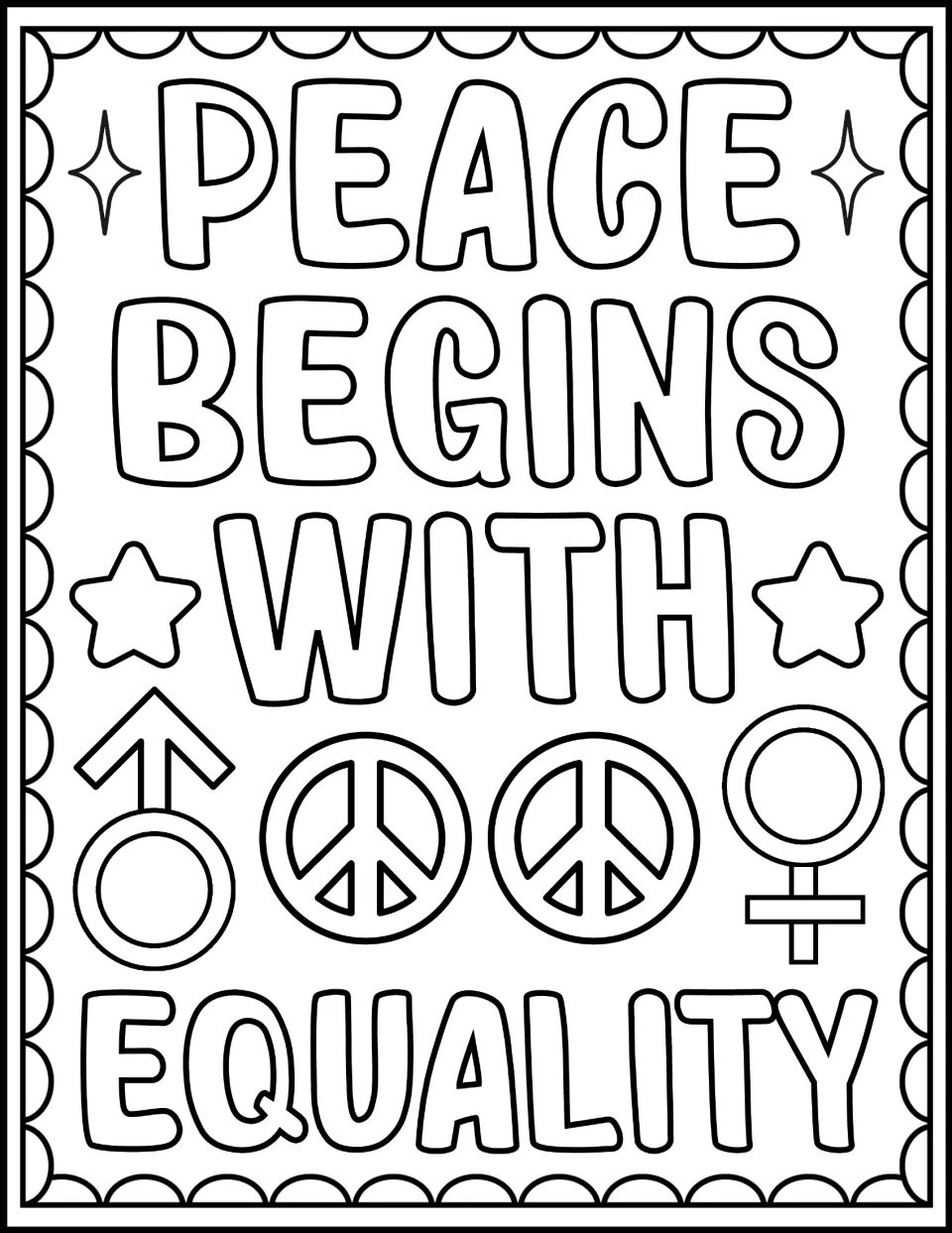 White Ribbon Day coloring page reading 'Peace begins with equality,' with peace and gender symbols