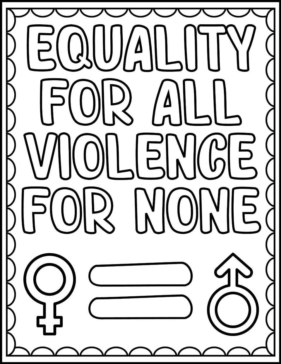White Ribbon Day coloring page reading 'Equality for all violence for none,' with gender and equal signs