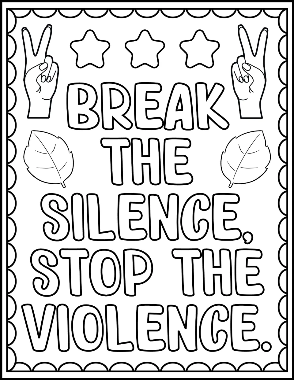 White Ribbon Day coloring page reading 'Break the silence, stop the violence,' with hands making peace signs