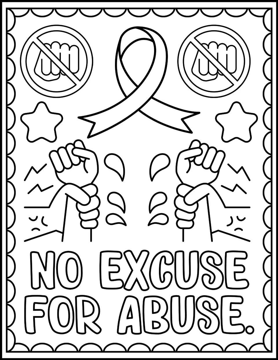 White Ribbon Day coloring page reading 'No excuse for abuse,' with a ribbon and hands gripping wrists